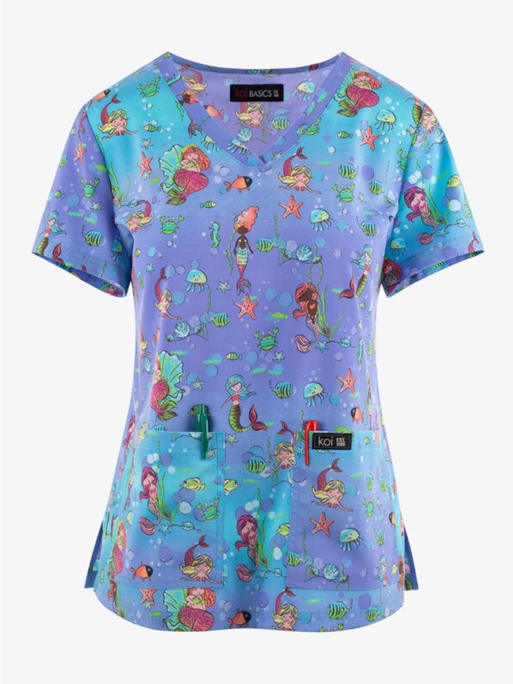 koi Basics Mermaid Cove Ombre Women's 2-Pocket STRETCH V-Neck Print Scrub Top

M